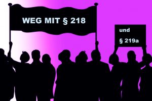 Illustration demonstrierender Menschen für die Abschaffung von §218 und §219a