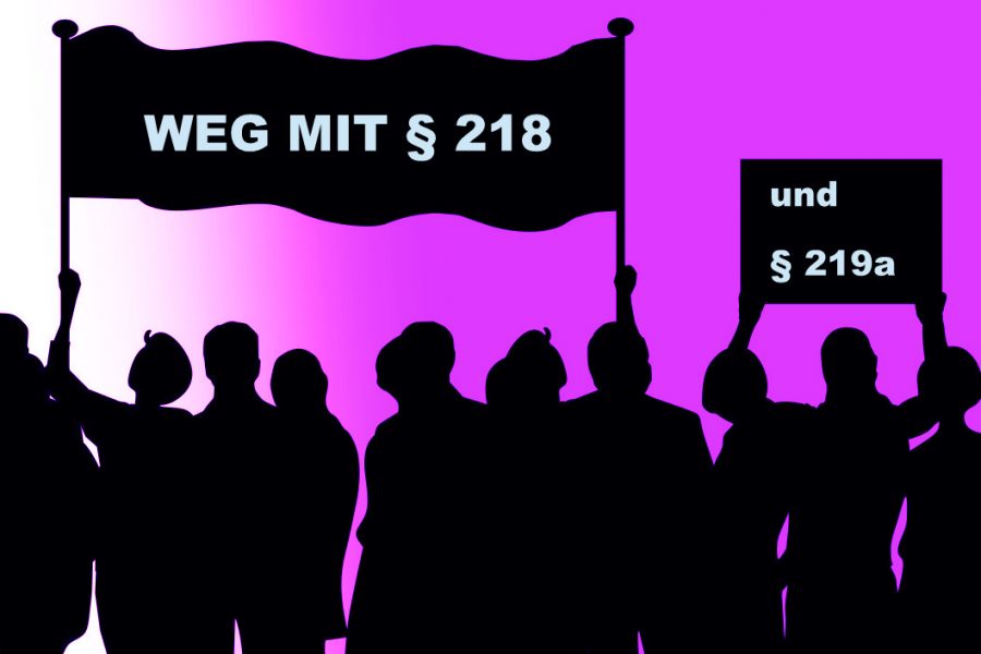 Illustration demonstrierender Menschen für die Abschaffung von §218 und §219a