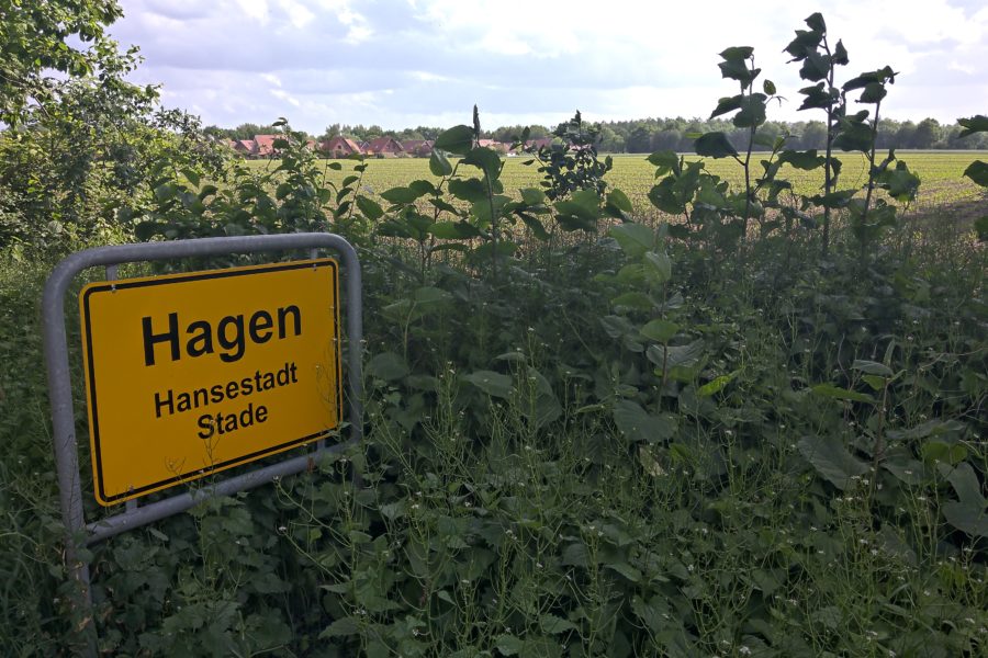 Ortseingangsschild Hagen, Vör de Weid, Stade, im Hintergrund Häuser am Feld, Mai 2020