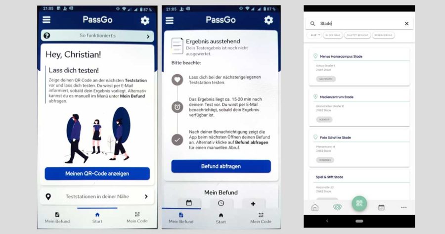 Screenshots der Apps ePassGo und eGuest: Startscreen und Ergebnisseite des Corona-Tests, bei eGuest registrierte Lokale in der Standortsuche