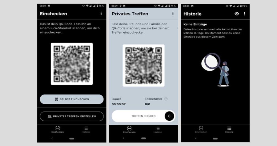 Screenshots der Luca-App beim Einchecken, QR-Code für private Treffen und von der Historie