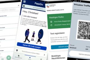 Screenshots der Apps Corona-Warn-App, Luca-App, ePassGo und eGuest