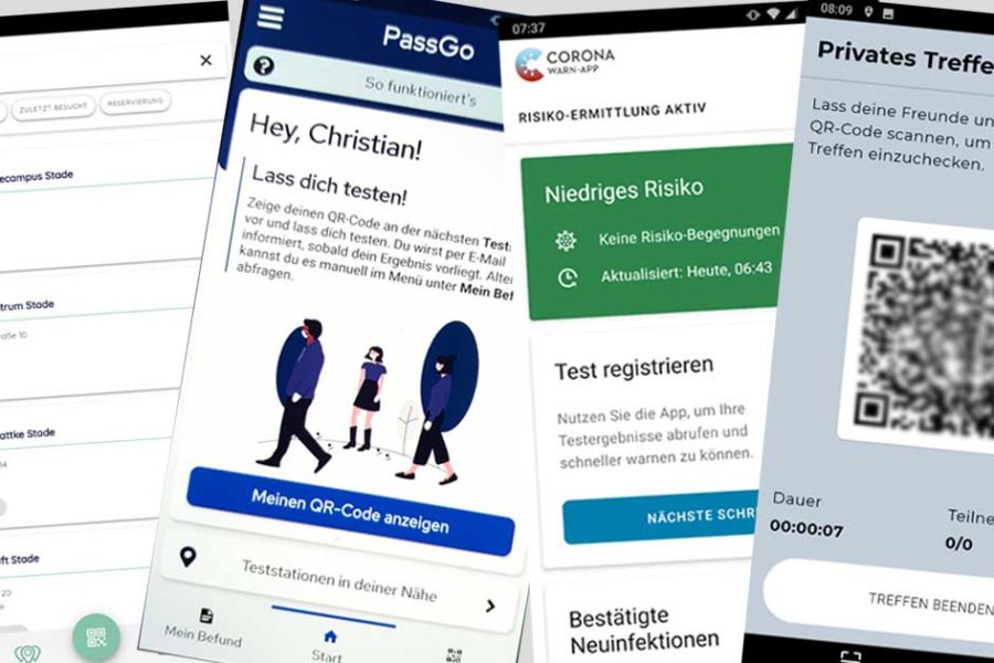 Screenshots der Apps Corona-Warn-App, Luca-App, ePassGo und eGuest