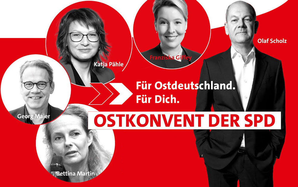 SPD Ostkonvent am 30. Mai 2021 live aus Halle, Ankündigung mit Olaf Scholz, Franziska Giffey, Katja Pähle, Bettina Martin, Georg Maier