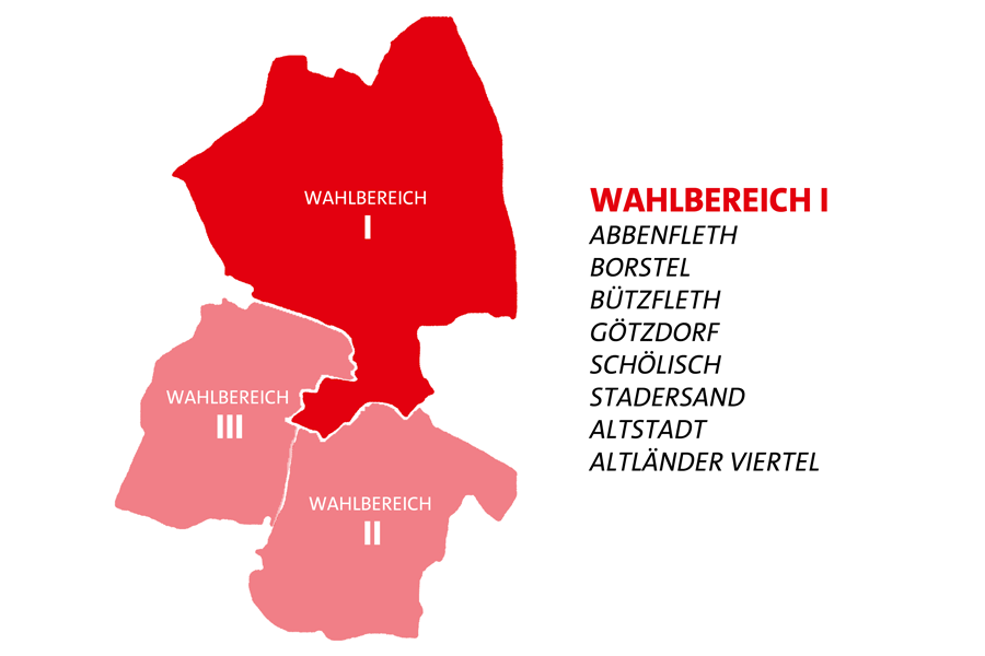 Pictogramm zu den Wahlbereichen in Stade - Wahlbereich 1 mit Abbenfleth, Borstel, Bützfleth, Götzdorf, Schölisch, Stadersand, Altstadt und Altländer Viertel