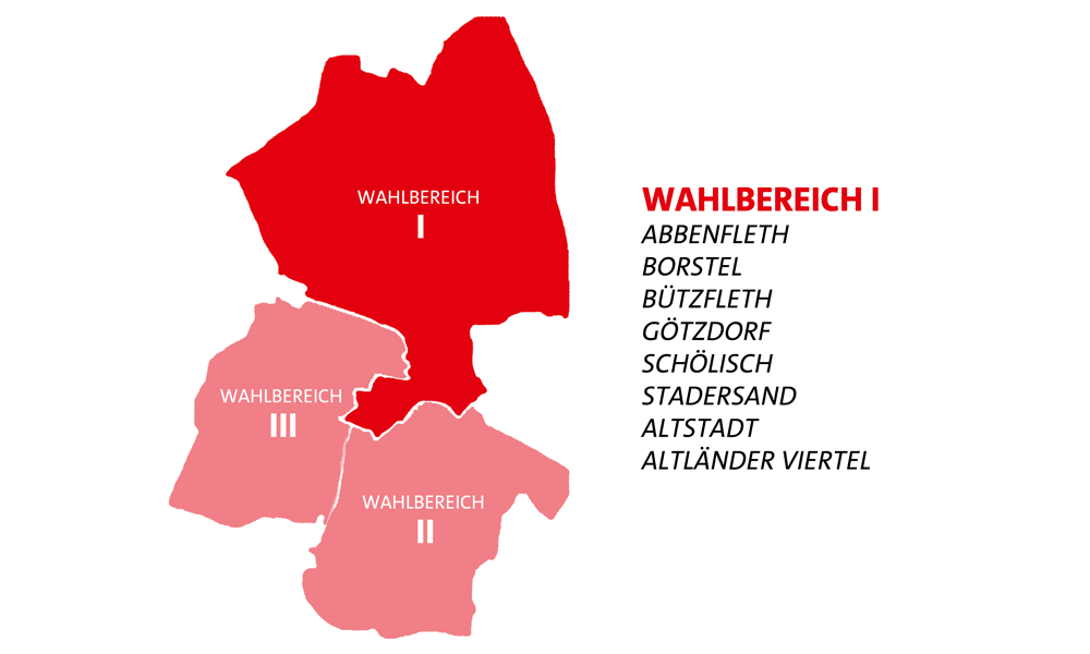 Pictogramm zu den Wahlbereichen in Stade - Wahlbereich 1 mit Abbenfleth, Borstel, Bützfleth, Götzdorf, Schölisch, Stadersand, Altstadt und Altländer Viertel
