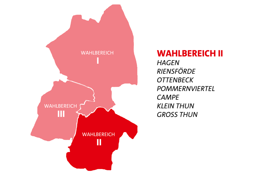 Pictogramm zu den Wahlbereichen in Stade - Wahlbereich 2 mit Hagen, Riensförde, Ottenbeck, Pommernviertel, Campe, Klein Thun, Groß Thun
