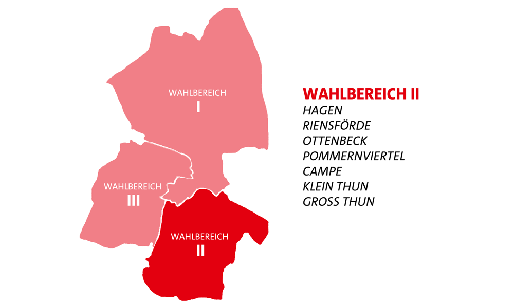 Pictogramm zu den Wahlbereichen in Stade - Wahlbereich 2 mit Hagen, Riensförde, Ottenbeck, Pommernviertel, Campe, Klein Thun, Groß Thun
