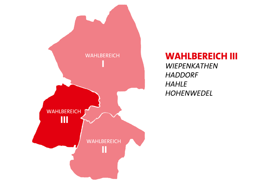 Pictogramm zu den Wahlbereichen in Stade - Wahlbereich 3 mit Wiepenkathen, Haddorf, Hahle und Hohenwedel