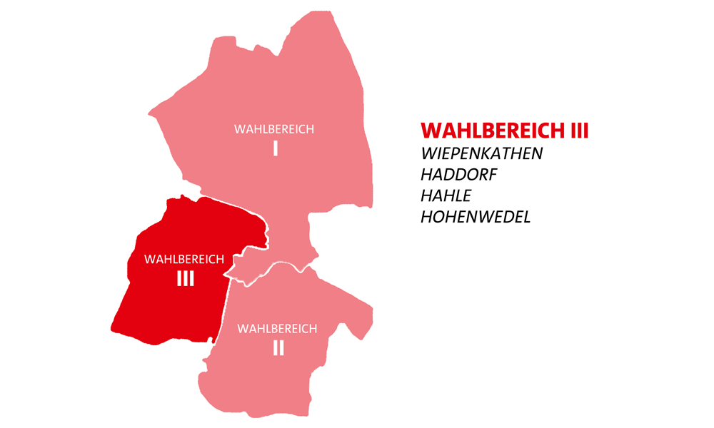 Pictogramm zu den Wahlbereichen in Stade - Wahlbereich 3 mit Wiepenkathen, Haddorf, Hahle und Hohenwedel