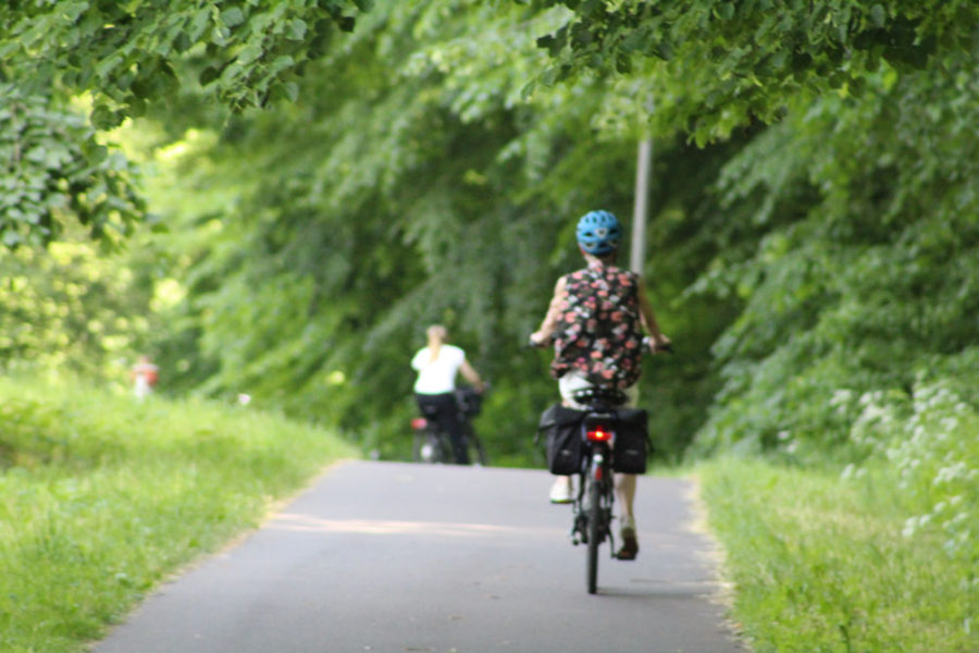 Radfahrerin auf dem Radweg Schwingewiesen in Stade