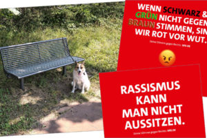Sozen-Sonntag Nummer 3: Parkbänke für Riensförde, Sharepics: "Rassismus kann man nicht aussitzen" sowie "Wenn schwarz und grün nicht gegen braun stimmen, sind wir rot vor Wut."