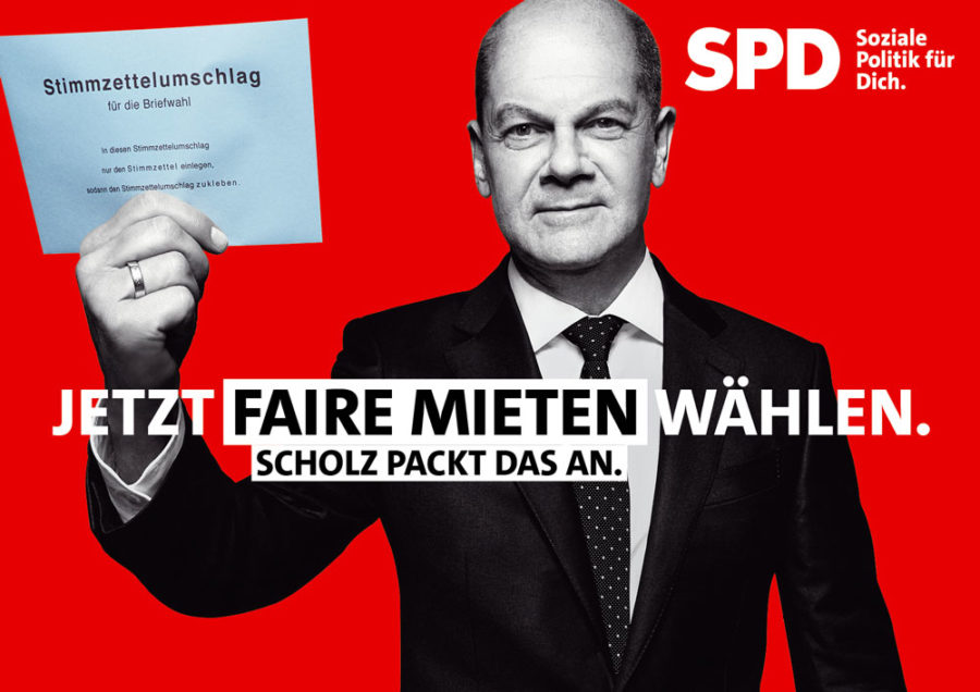 Bundestagswahl 2021 - Plakat mit Olaf Scholz: "Jetzt faire Mieten wählen. Scholz packt das an."