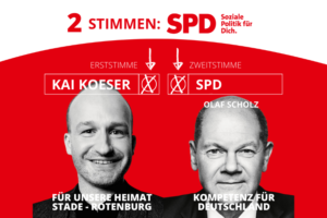 Zwei Stimmen für die SPD - Soziale Politik für dich, Erststimme für Kai Koeser, Zweitstimme für SPD und damit für Olaf Scholz