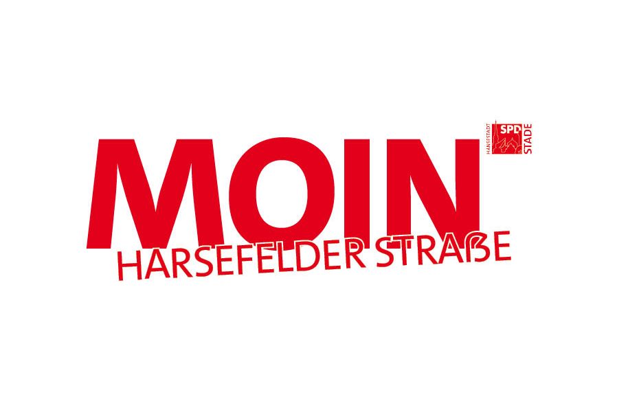 Einladung zum Nachbarschaftsspaziergang, rote Schrift auf weißem Hintergrund: Moin Harsefelder Straße