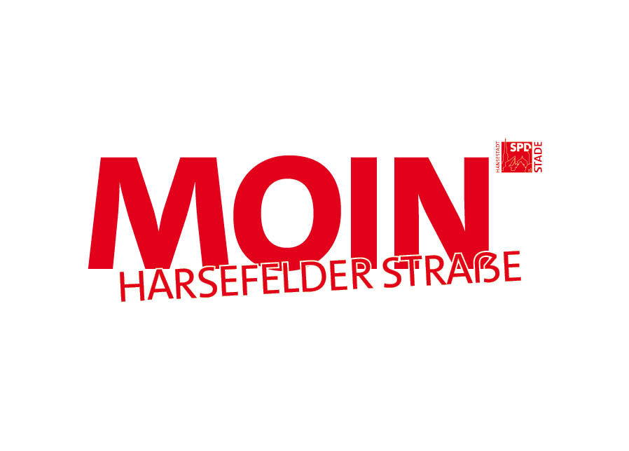 Einladung zum Nachbarschaftsspaziergang, rote Schrift auf weißem Hintergrund: Moin Harsefelder Straße