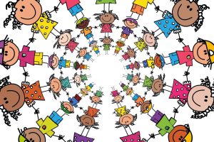 Gezeichnete Kinderfiguren mit unterschiedlichem Aussehen zur Darstellung von Vielfalt und einer integrativen Gesellschaft