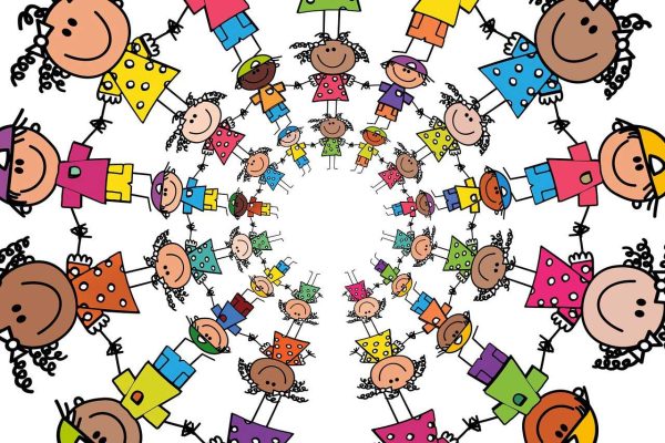 Gezeichnete Kinderfiguren mit unterschiedlichem Aussehen zur Darstellung von Vielfalt und einer integrativen Gesellschaft