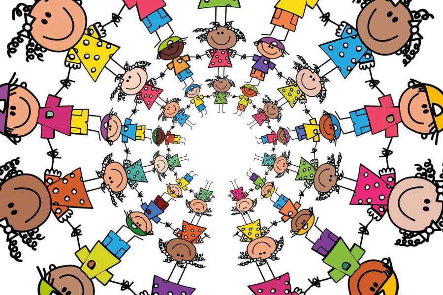 Gezeichnete Kinderfiguren mit unterschiedlichem Aussehen zur Darstellung von Vielfalt und einer integrativen Gesellschaft