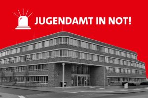 Schwarz-Weiß-Foto des Kreisjugendamtes in Stade mit der Überschrift "Jugendamt in Not!"