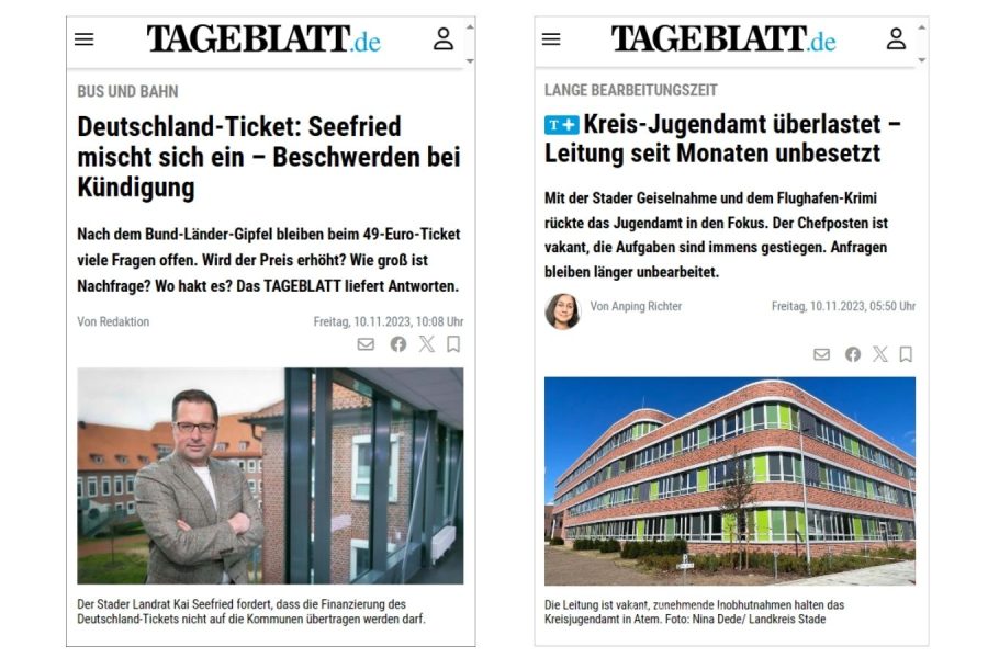 Screenshots von tageblatt.de zu Artikeln zum Thema Deutschland-Ticket bzw. Kreis-Jugendamt, beide Artikel sind vom 10.11.2023
